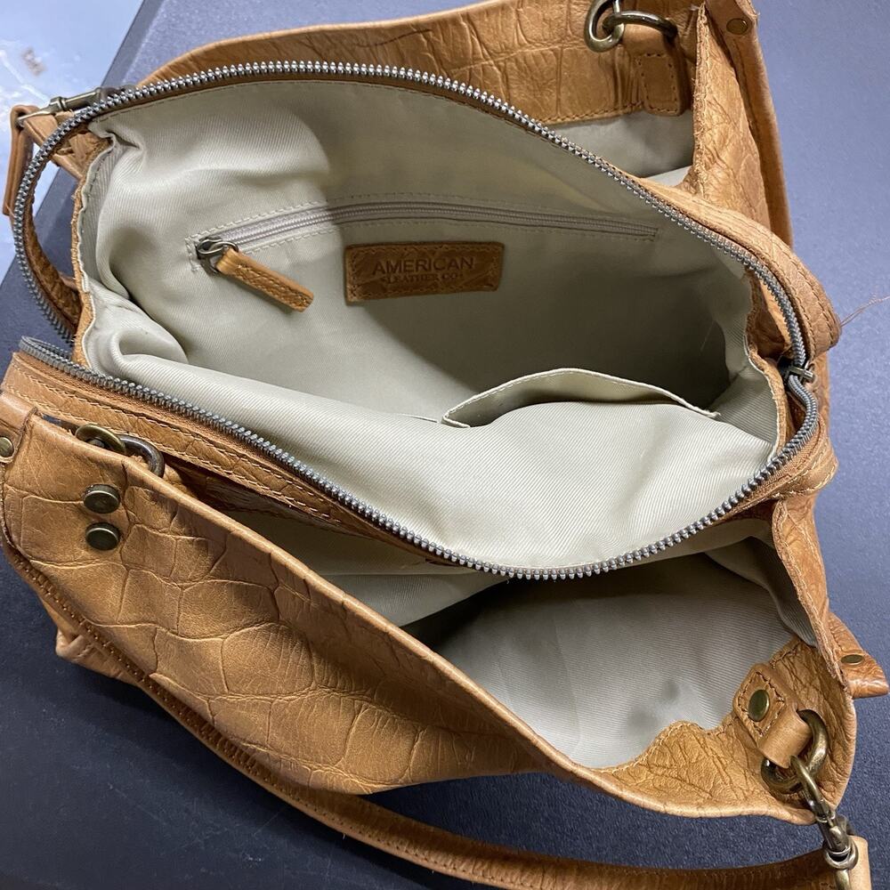 American Leather Co. Lenox Triple Entry Satchel Cafe Latte Debossed Croc Pattern - Picture 9 of 15